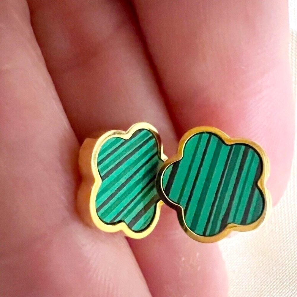 Gold Plated green Floral Clover Earrings Stainless Steel womens jewelry - Picture 6 of 6